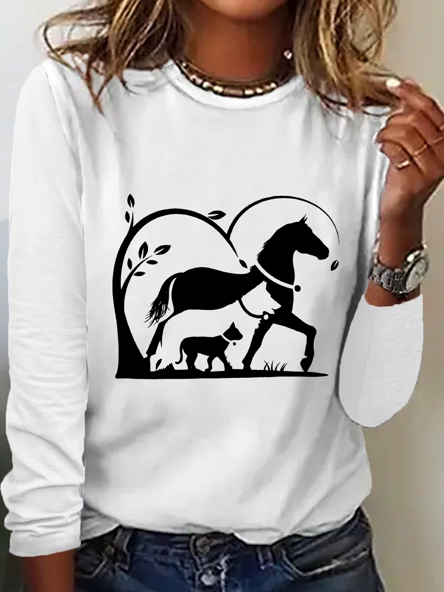 Horse, Dog And Cat Horse Silhouette Casual Long Sleeve Shirt