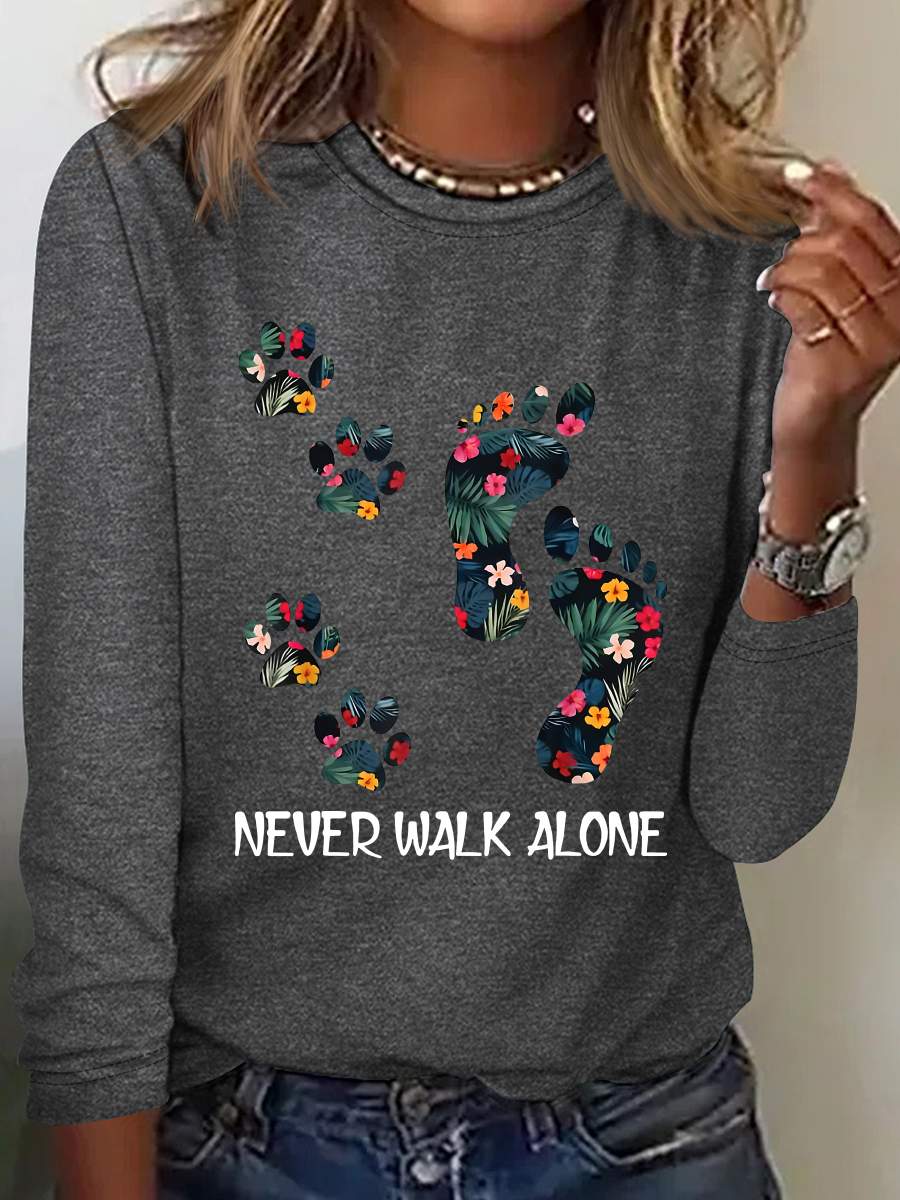 Never Walk Alone Paw Dog Flower Casual Long Sleeve Shirt