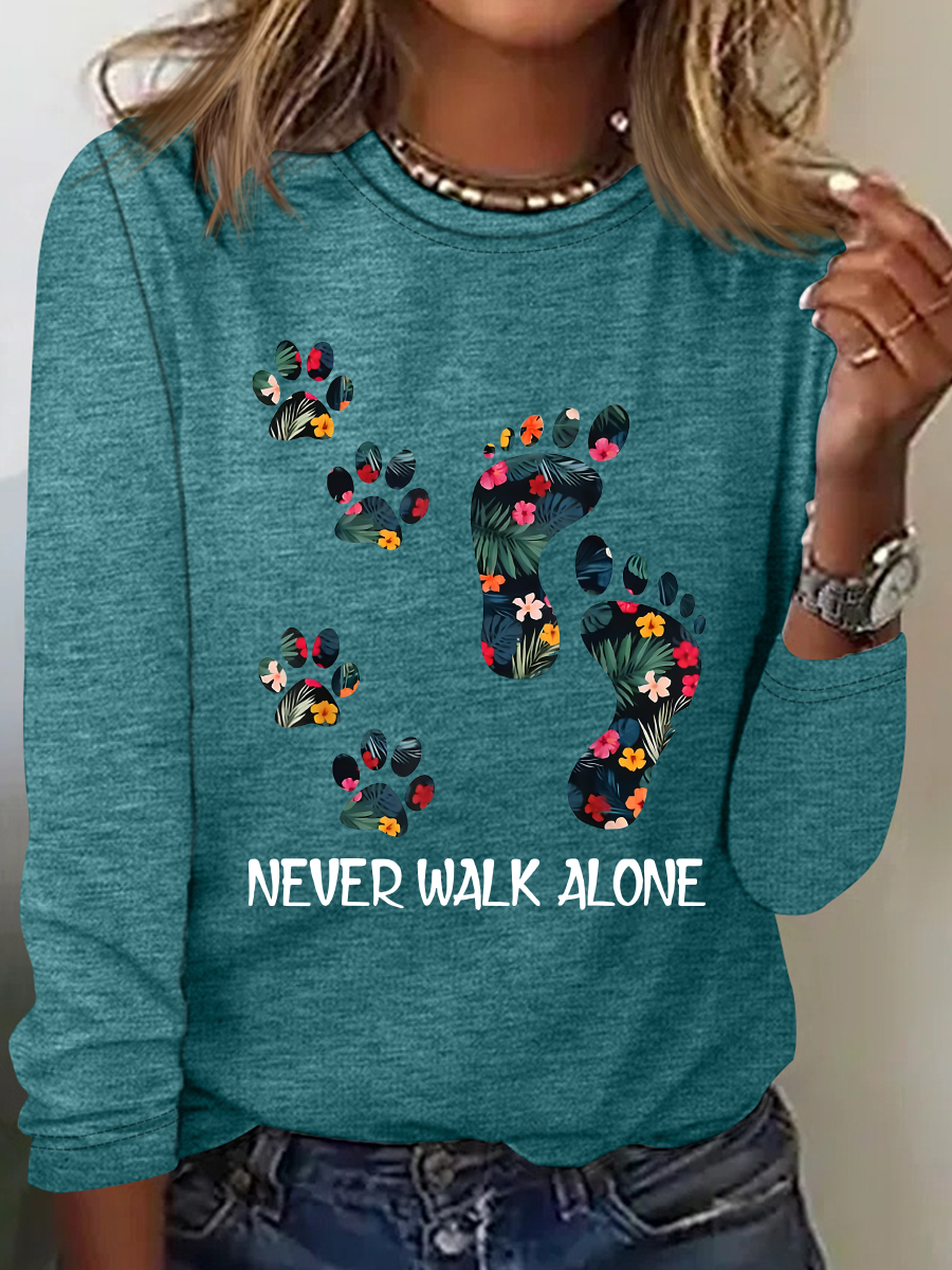 Never Walk Alone Paw Dog Flower Casual Long Sleeve Shirt