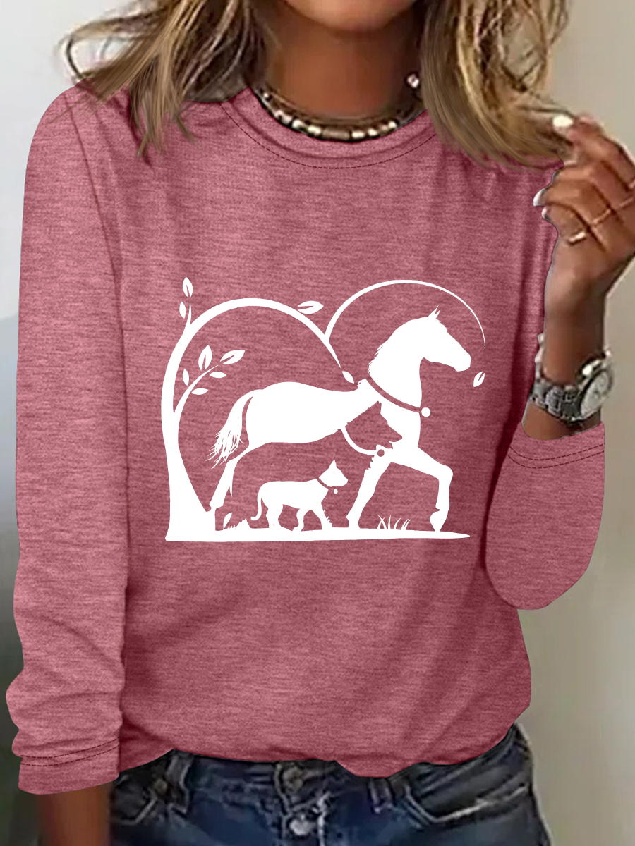 Horse, Dog And Cat Horse Silhouette Casual Long Sleeve Shirt