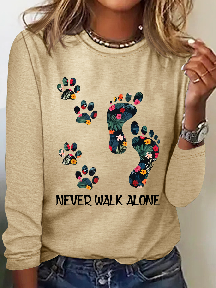 Never Walk Alone Paw Dog Flower Casual Long Sleeve Shirt