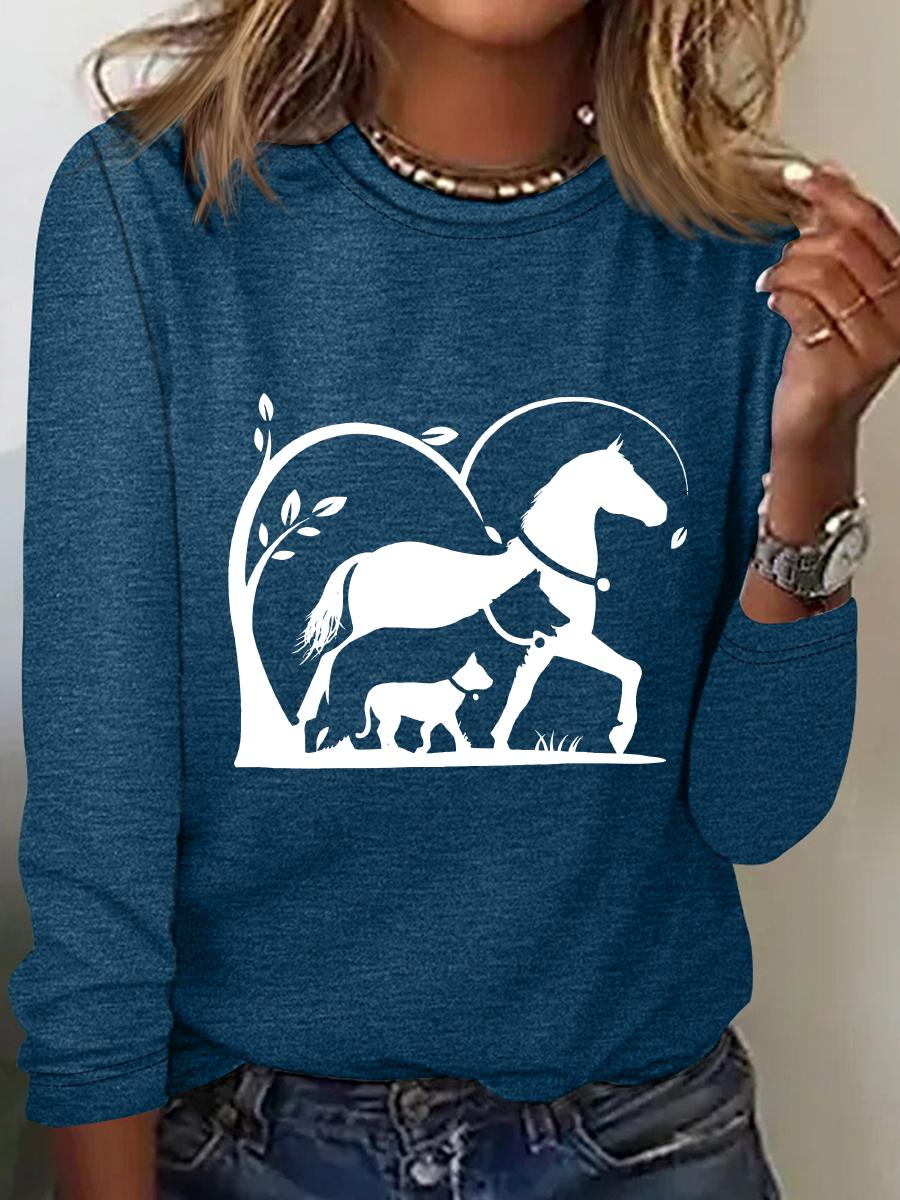 Horse, Dog And Cat Horse Silhouette Casual Long Sleeve Shirt