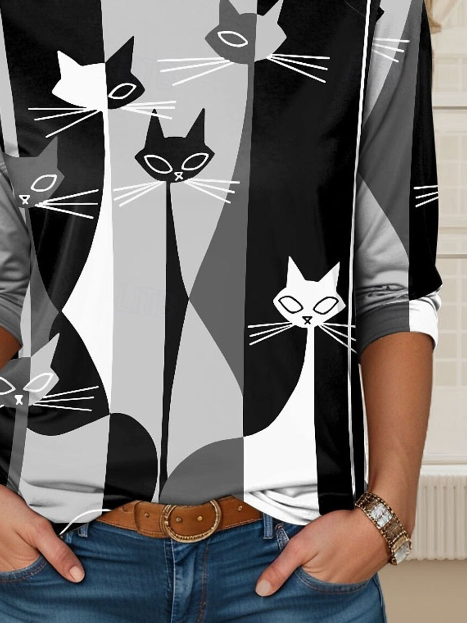 Cat print casual round neck long sleeved T-shirt