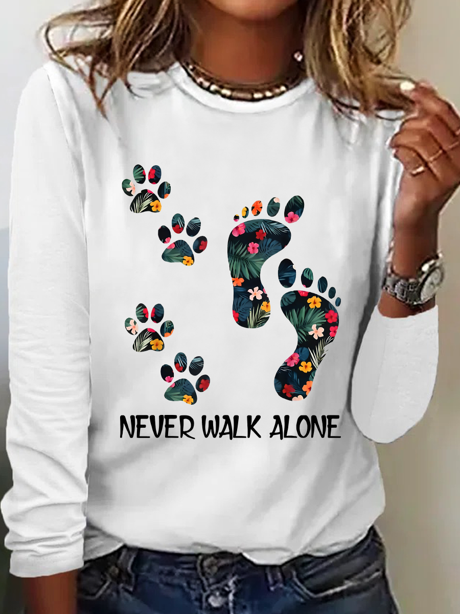 Never Walk Alone Paw Dog Flower Casual Long Sleeve Shirt