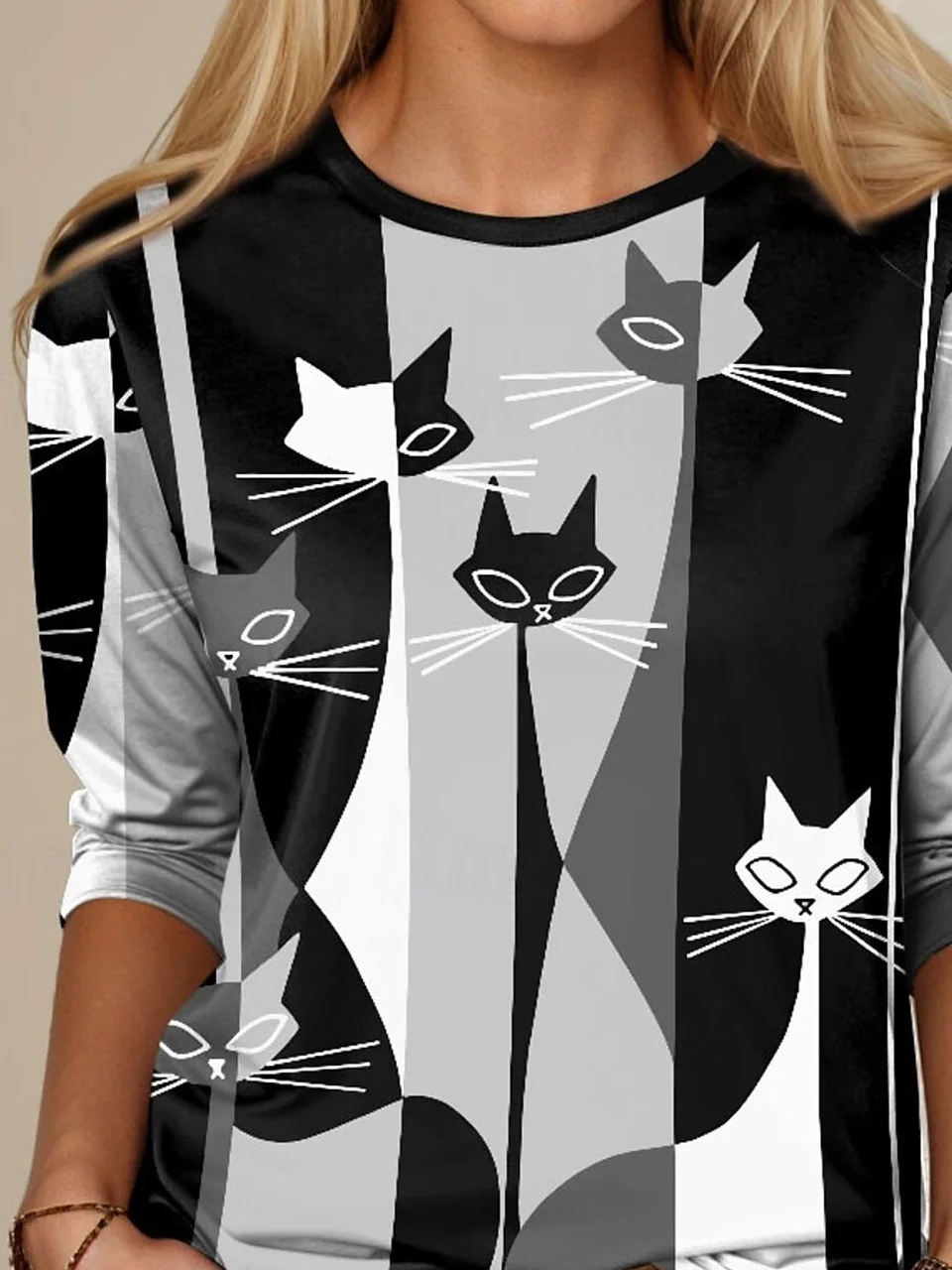 Cat print casual round neck long sleeved T-shirt