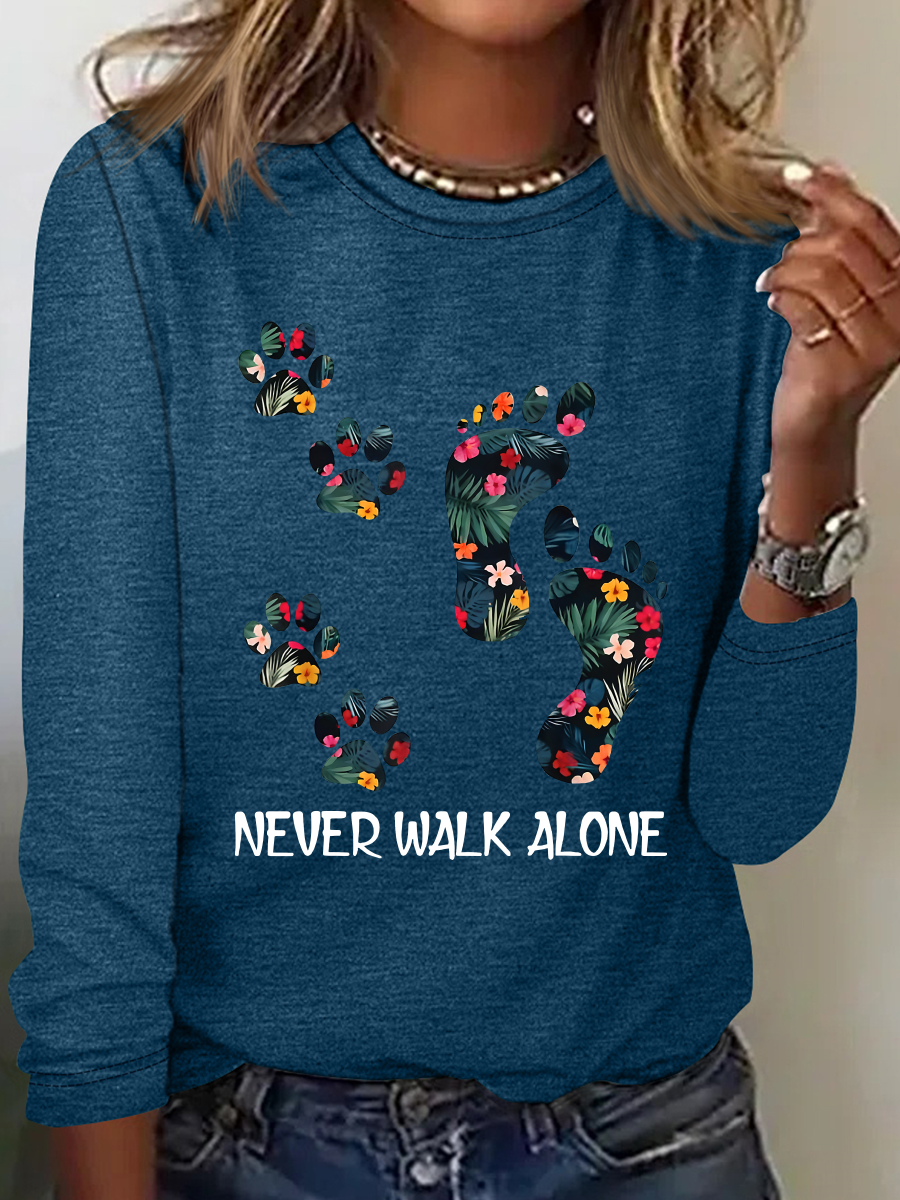 Never Walk Alone Paw Dog Flower Casual Long Sleeve Shirt