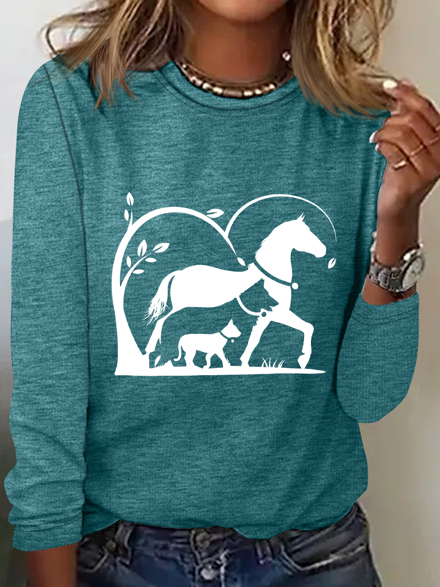 Horse, Dog And Cat Horse Silhouette Casual Long Sleeve Shirt