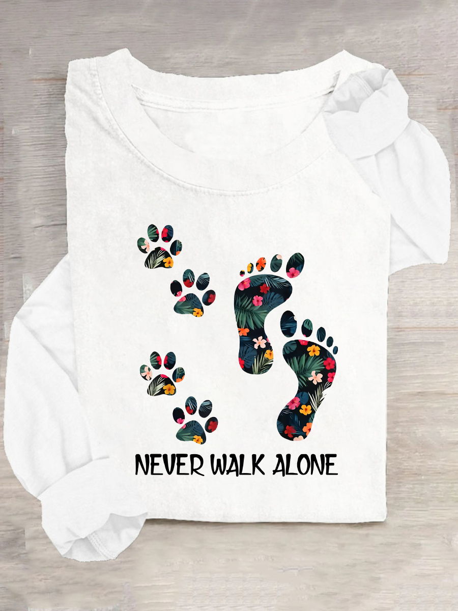 Never Walk Alone Paw Dog Flower Casual Long Sleeve Shirt