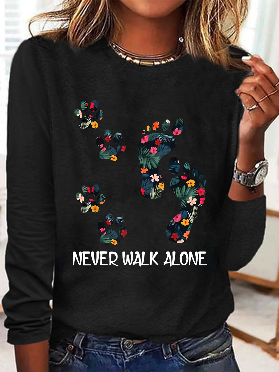 Never Walk Alone Paw Dog Flower Casual Long Sleeve Shirt