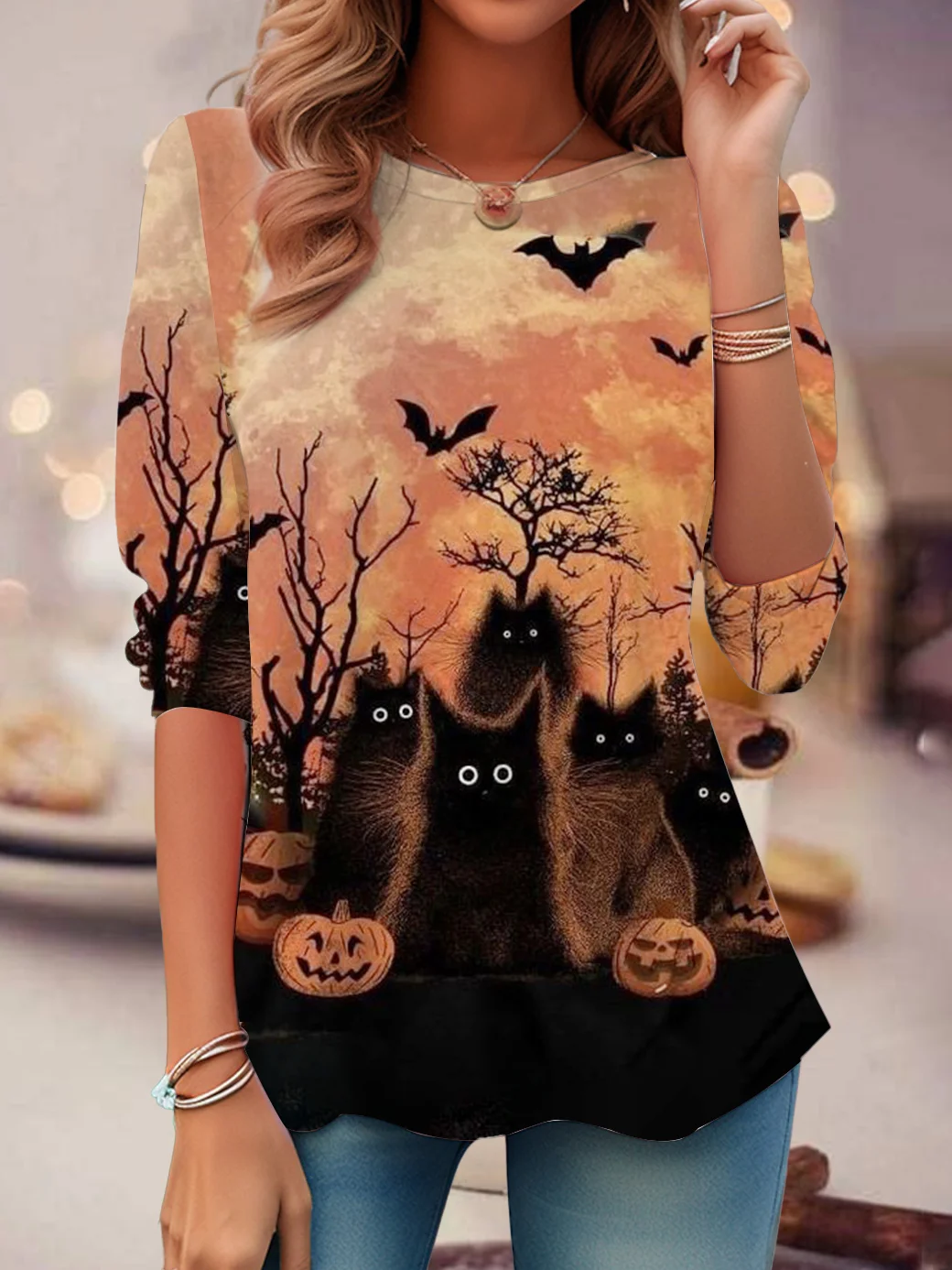 Halloween Cat Print T-Shirt