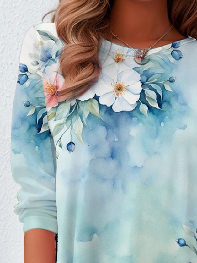 Loose Long-Sleeved Top With Floral Design