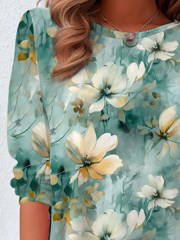 Loose Long-Sleeved Top With Floral Design