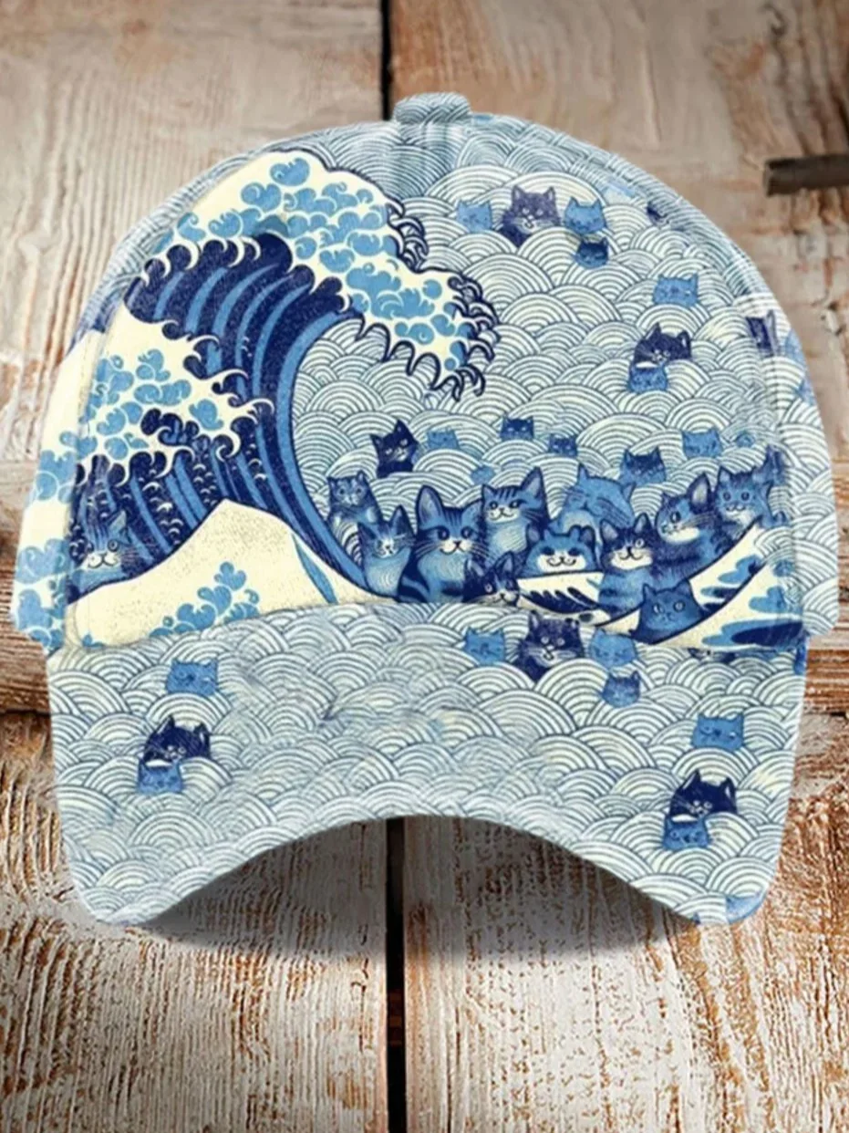 Blue Waves&Cats Print Hat