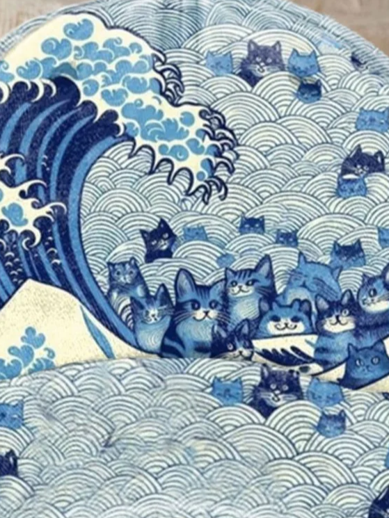 Blue Waves&Cats Print Hat