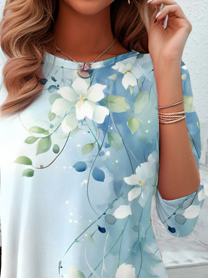 Loose Long-Sleeved Top With Floral Design