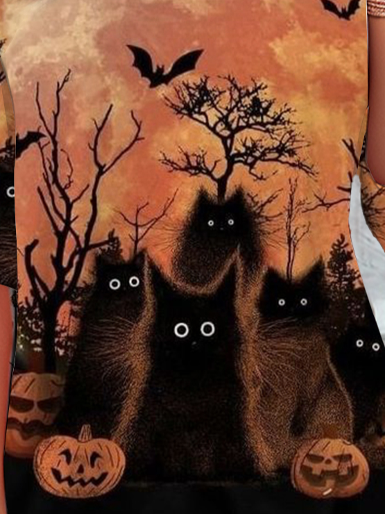 Halloween Cat Print T-Shirt