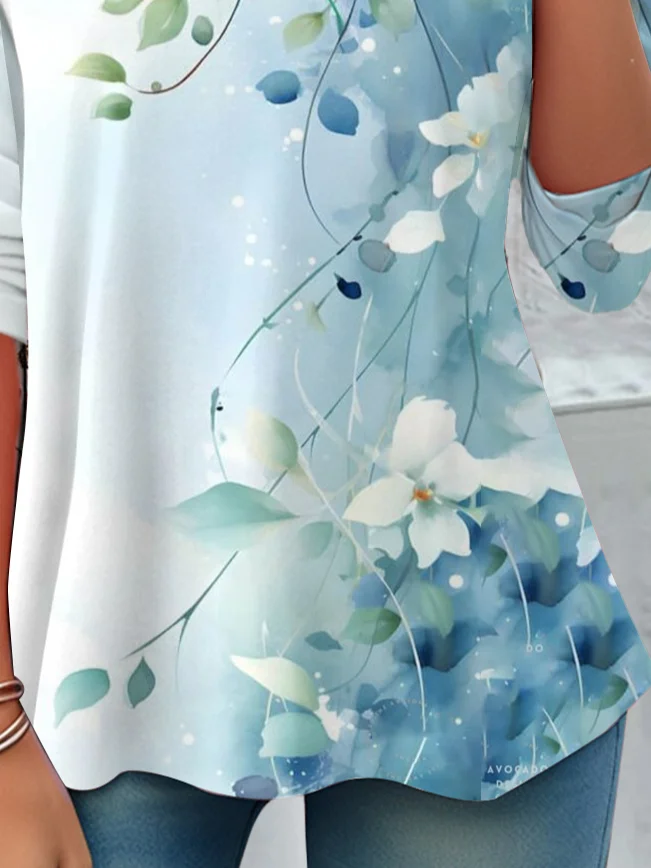 Loose Long-Sleeved Top With Floral Design