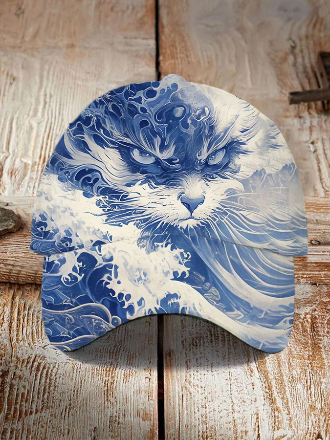 Blue Waves&Cats Print Hat