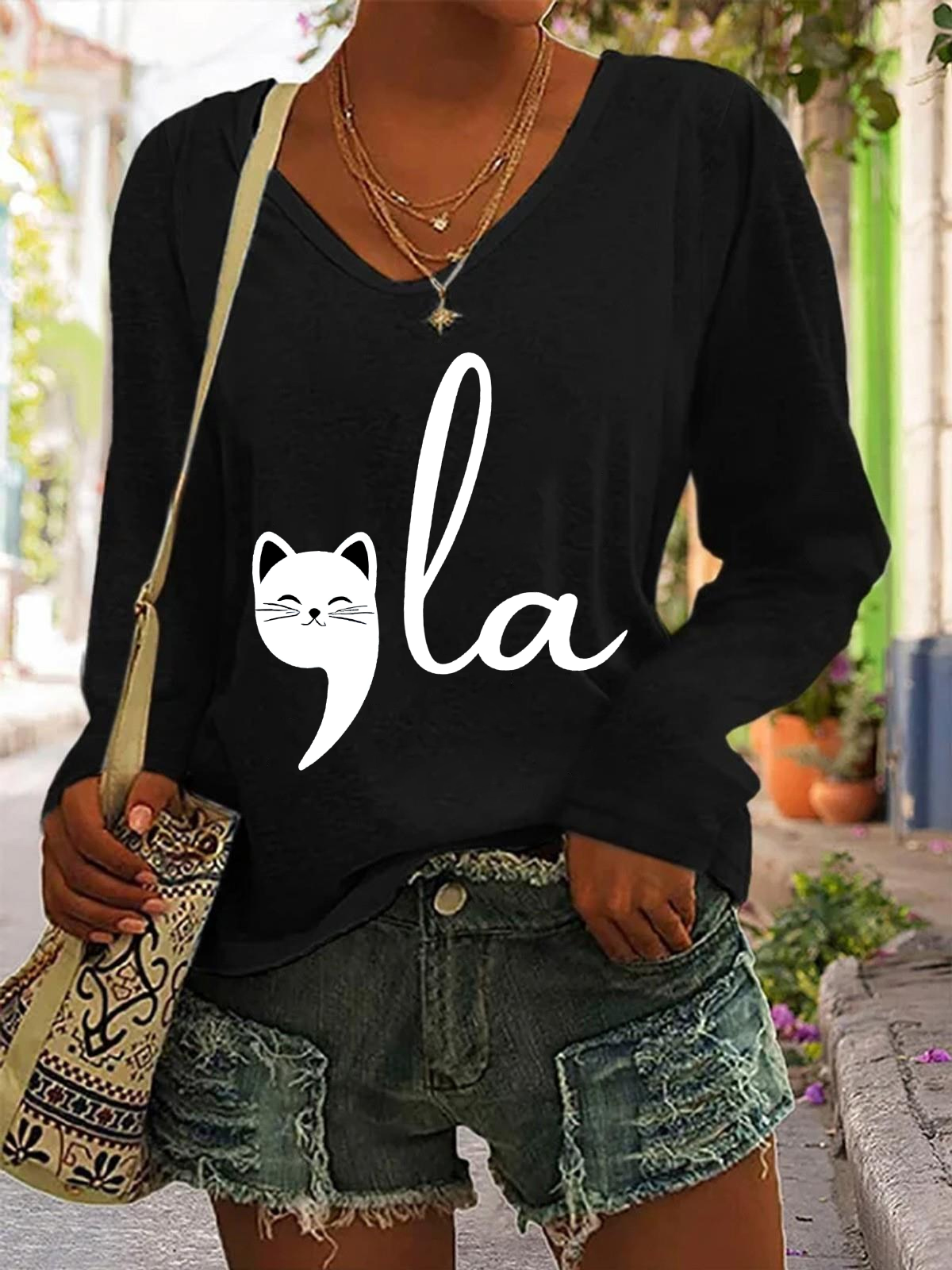 La Cat Vote Women's La Cat Vote Printed Casual V-Neck Long Sleeve Shirt