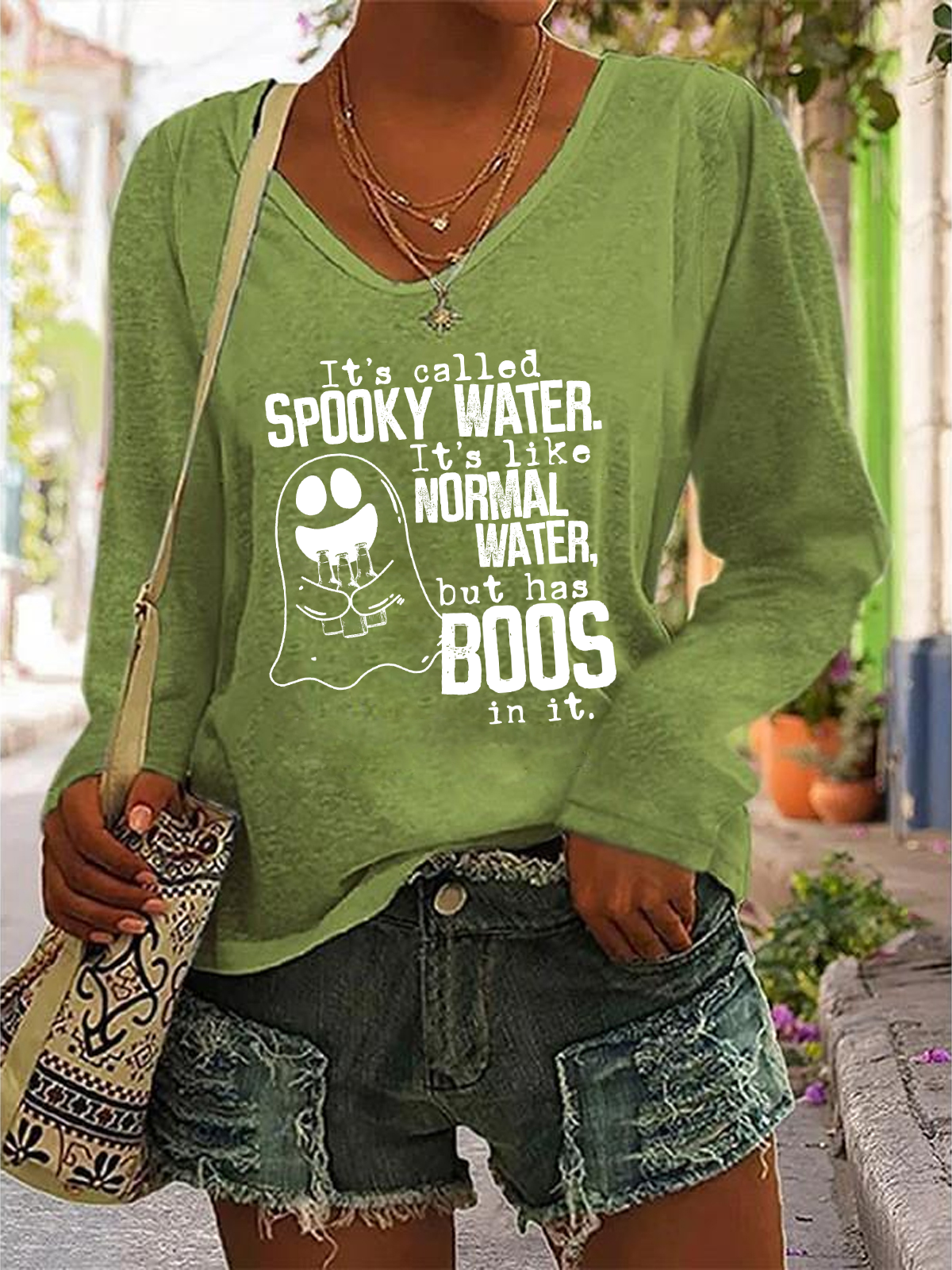 Spooky Water Casual V-Neck Long Sleeve Shirt