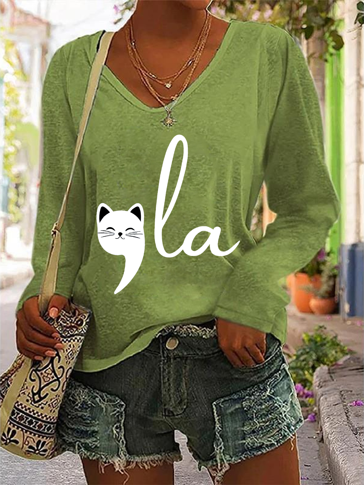 La Cat Vote Women's La Cat Vote Printed Casual V-Neck Long Sleeve Shirt