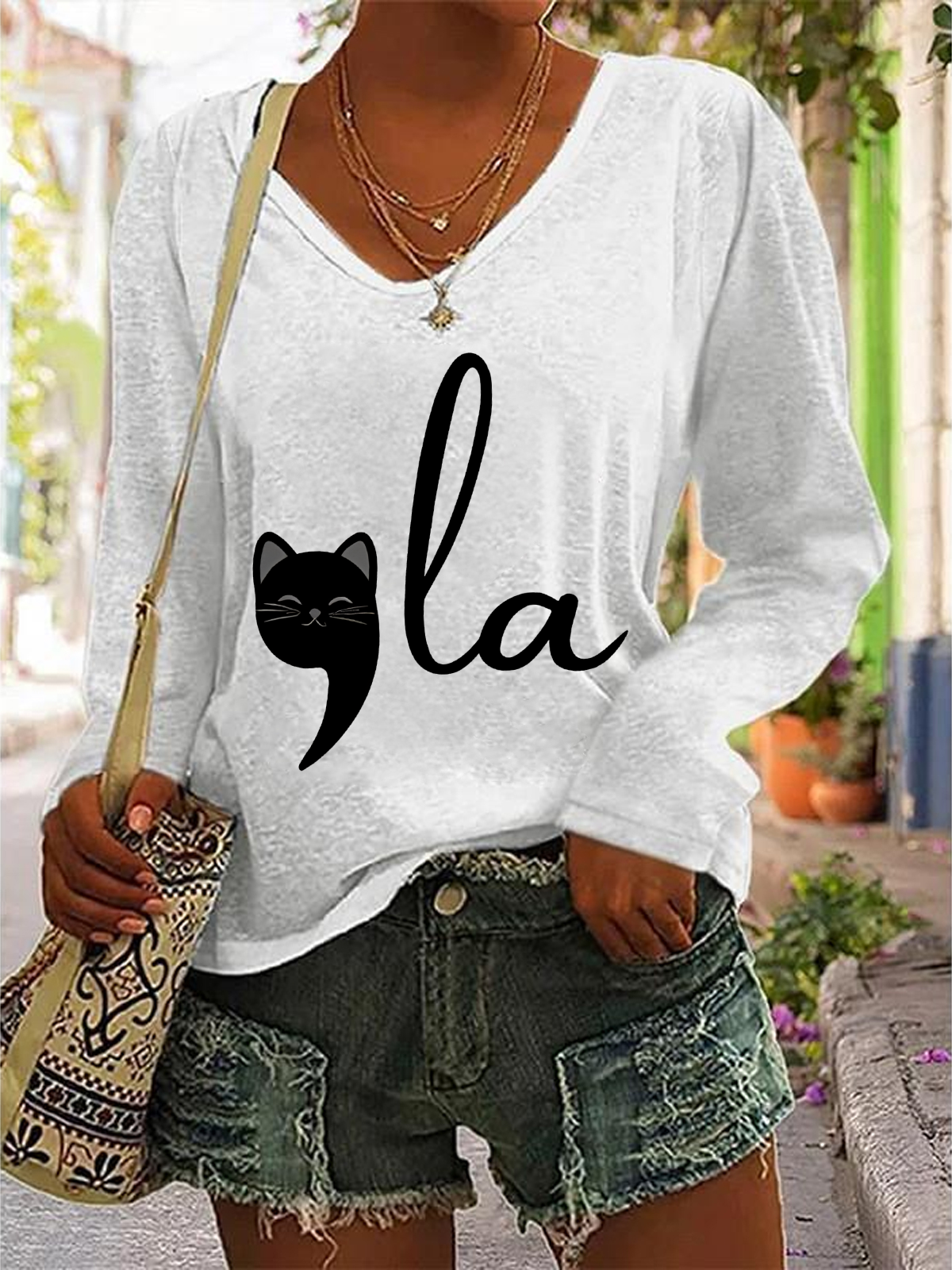 La Cat Vote Women's La Cat Vote Printed Casual V-Neck Long Sleeve Shirt