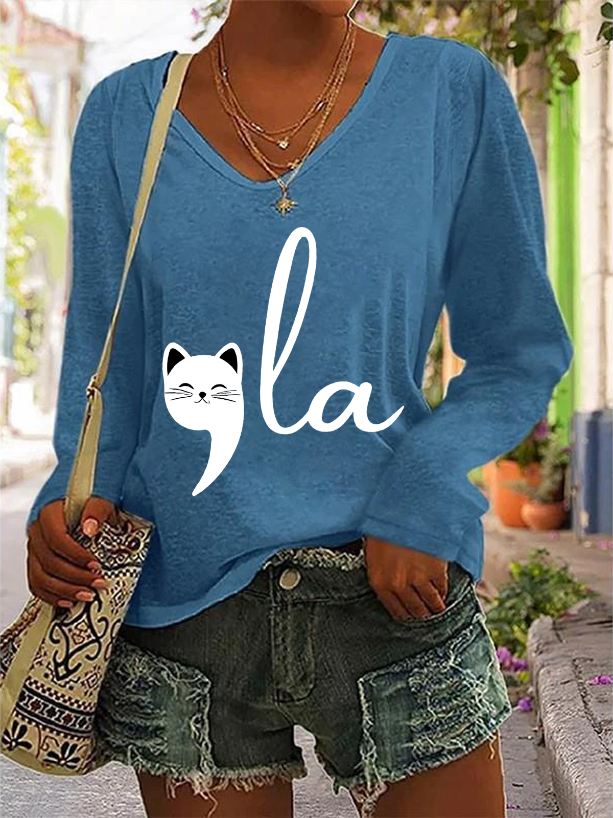 La Cat Vote Women's La Cat Vote Printed Casual V-Neck Long Sleeve Shirt