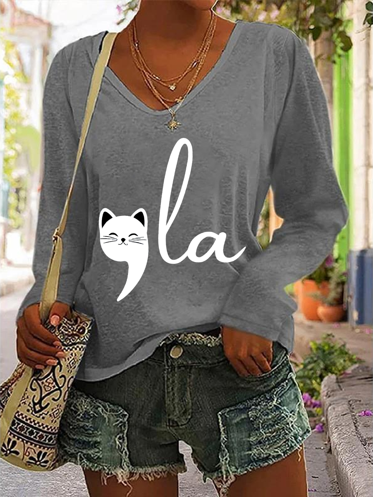 La Cat Vote Women's La Cat Vote Printed Casual V-Neck Long Sleeve Shirt