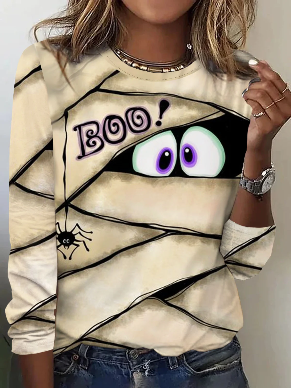 Halloween spider and eye print casual long sleeved round neck women's T-shirt