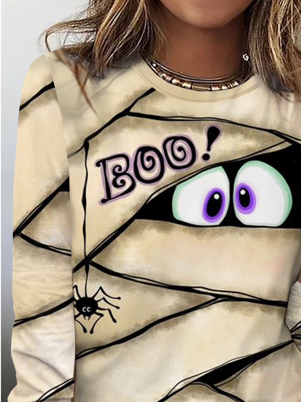 Halloween spider and eye print casual long sleeved round neck women's T-shirt