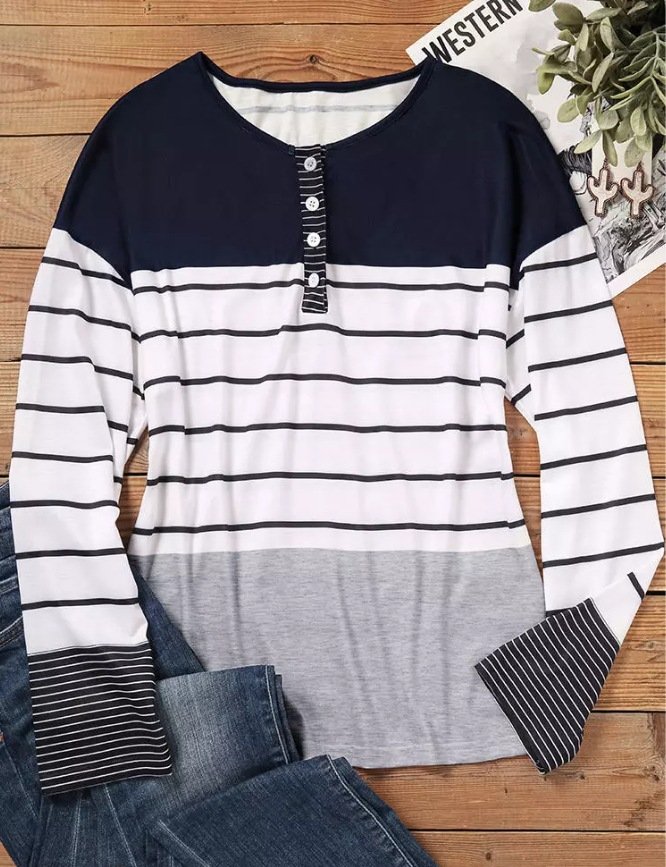 Casual Loose Crew Neck Striped Blouse