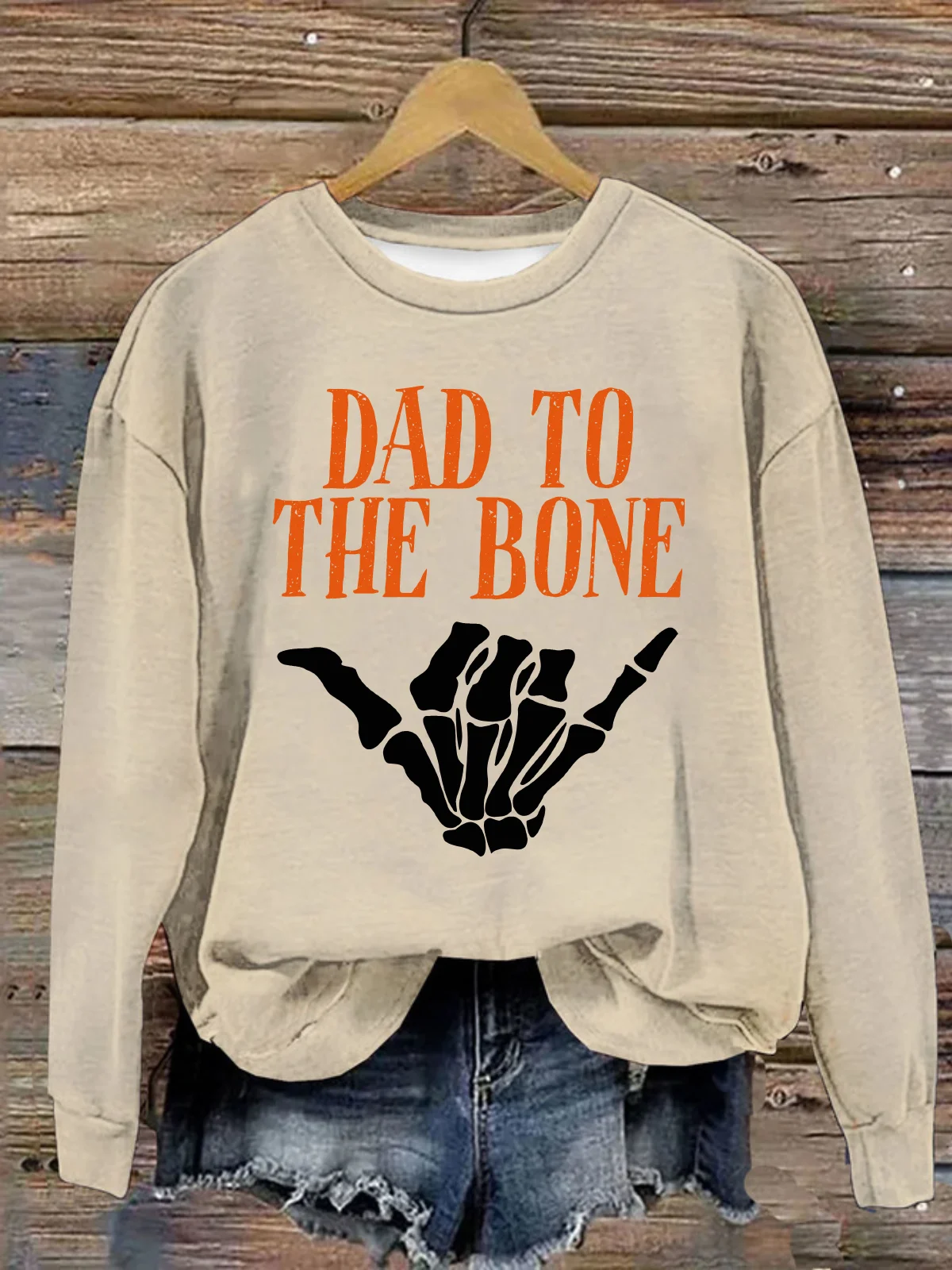 Dad to the Bone Funny  Halloween Skeleton Hand Loose Casual Crew Neck Text Letters Sweatshirt