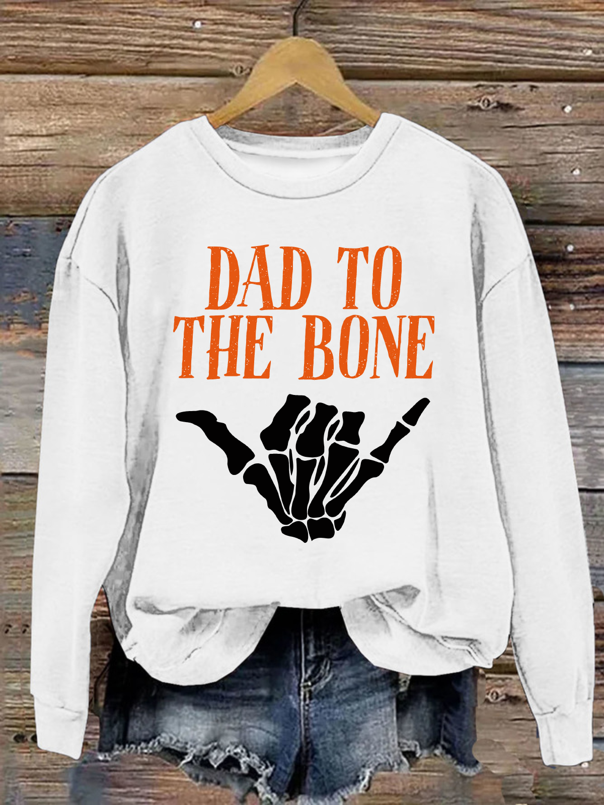 Dad to the Bone Funny  Halloween Skeleton Hand Loose Casual Crew Neck Text Letters Sweatshirt