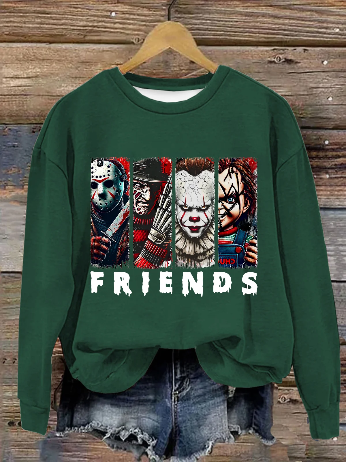 Friends Horror Characters Casual Loose Crew Neck Text Letters Sweatshirt