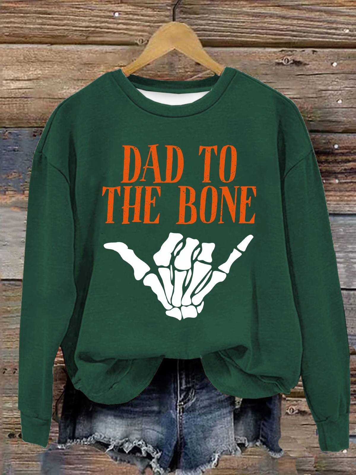 Dad to the Bone Funny  Halloween Skeleton Hand Loose Casual Crew Neck Text Letters Sweatshirt