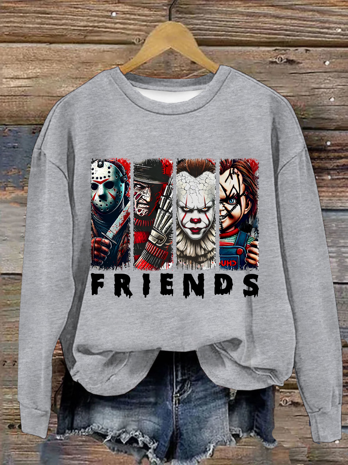 Friends Horror Characters Casual Loose Crew Neck Text Letters Sweatshirt