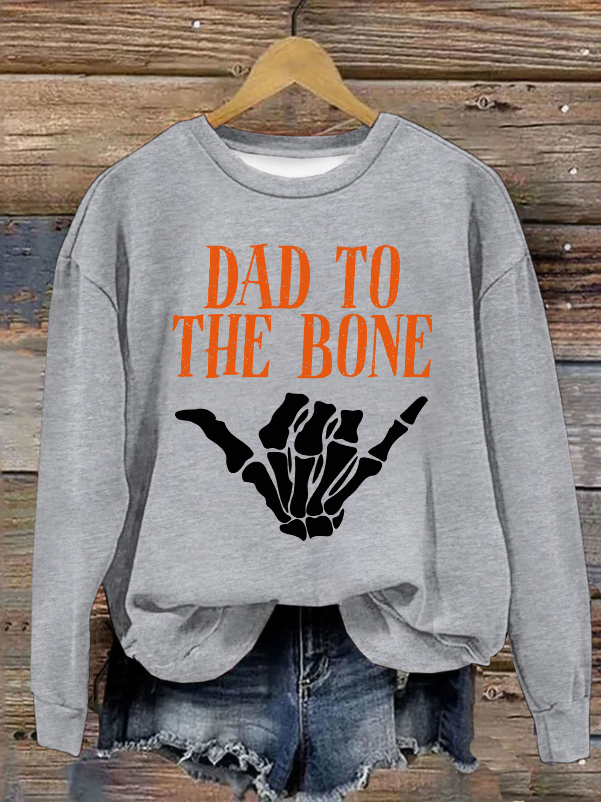 Dad to the Bone Funny  Halloween Skeleton Hand Loose Casual Crew Neck Text Letters Sweatshirt