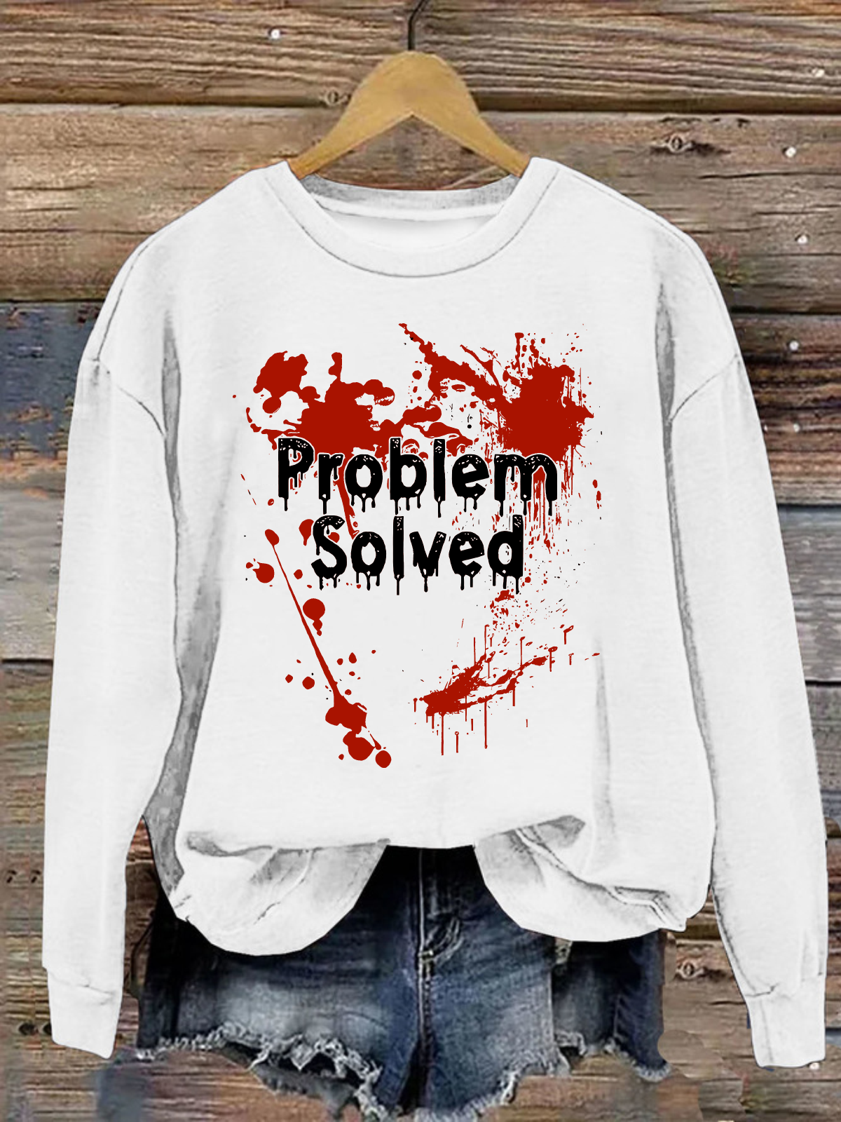 Problem Solved Bloody Halloween Cotton Crew Neck Casual Text Letters Sweatshirt