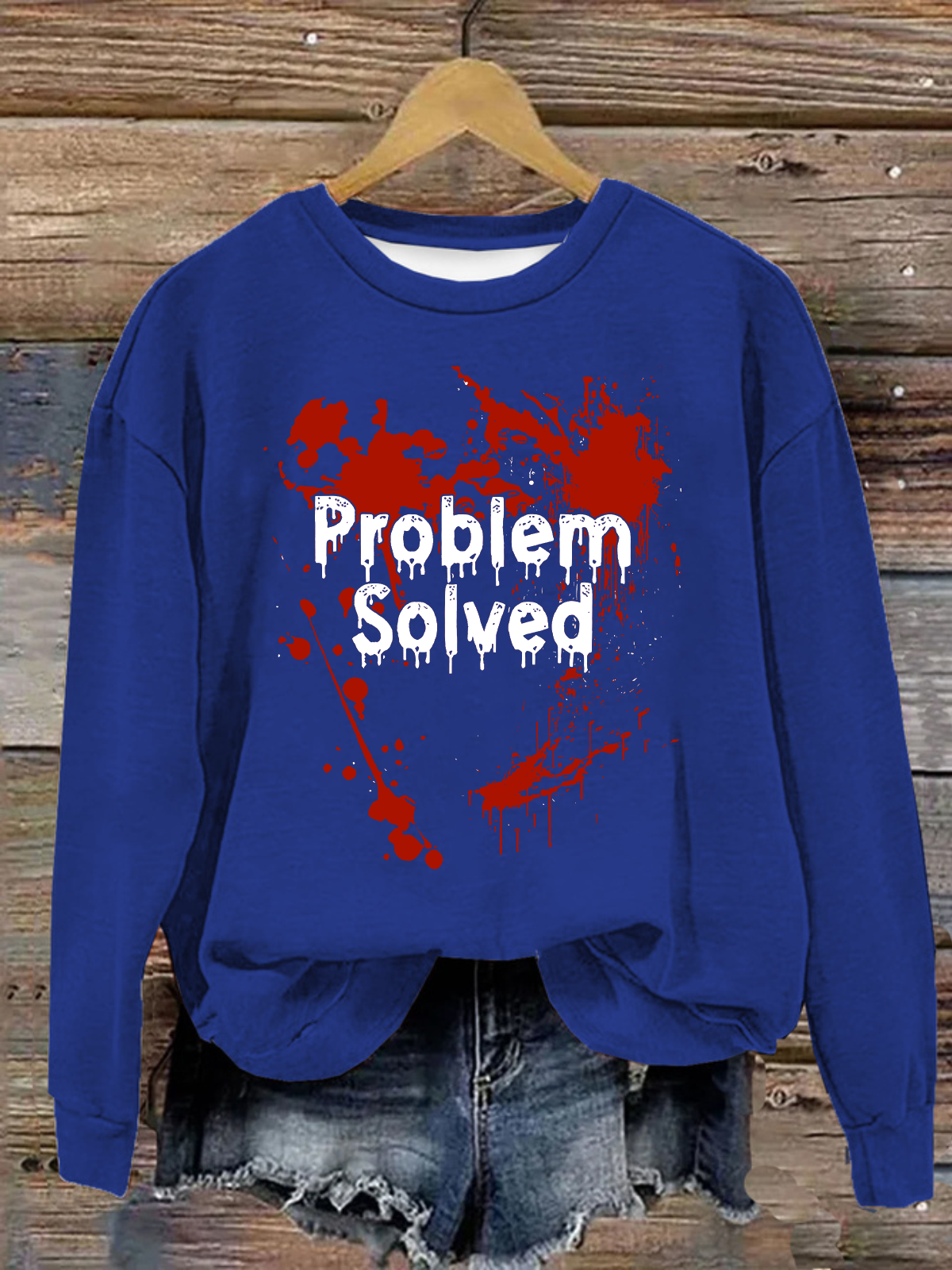 Problem Solved Bloody Halloween Cotton Crew Neck Casual Text Letters Sweatshirt