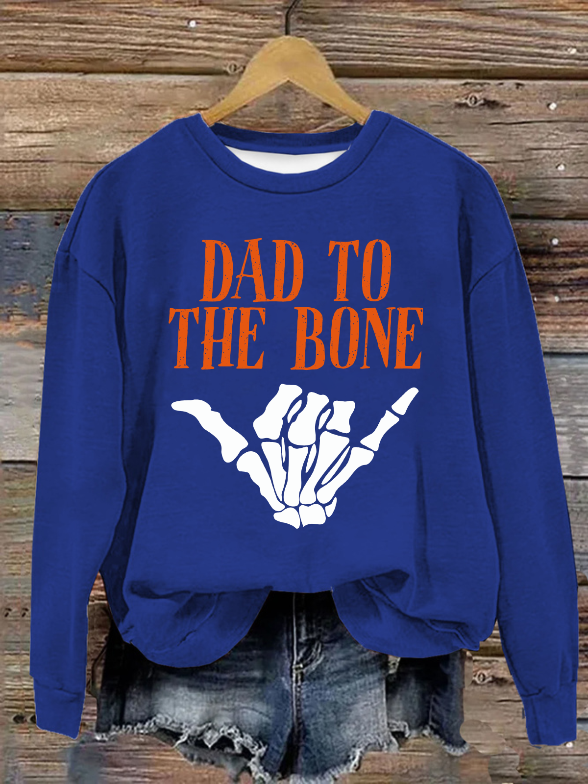 Dad to the Bone Funny  Halloween Skeleton Hand Loose Casual Crew Neck Text Letters Sweatshirt