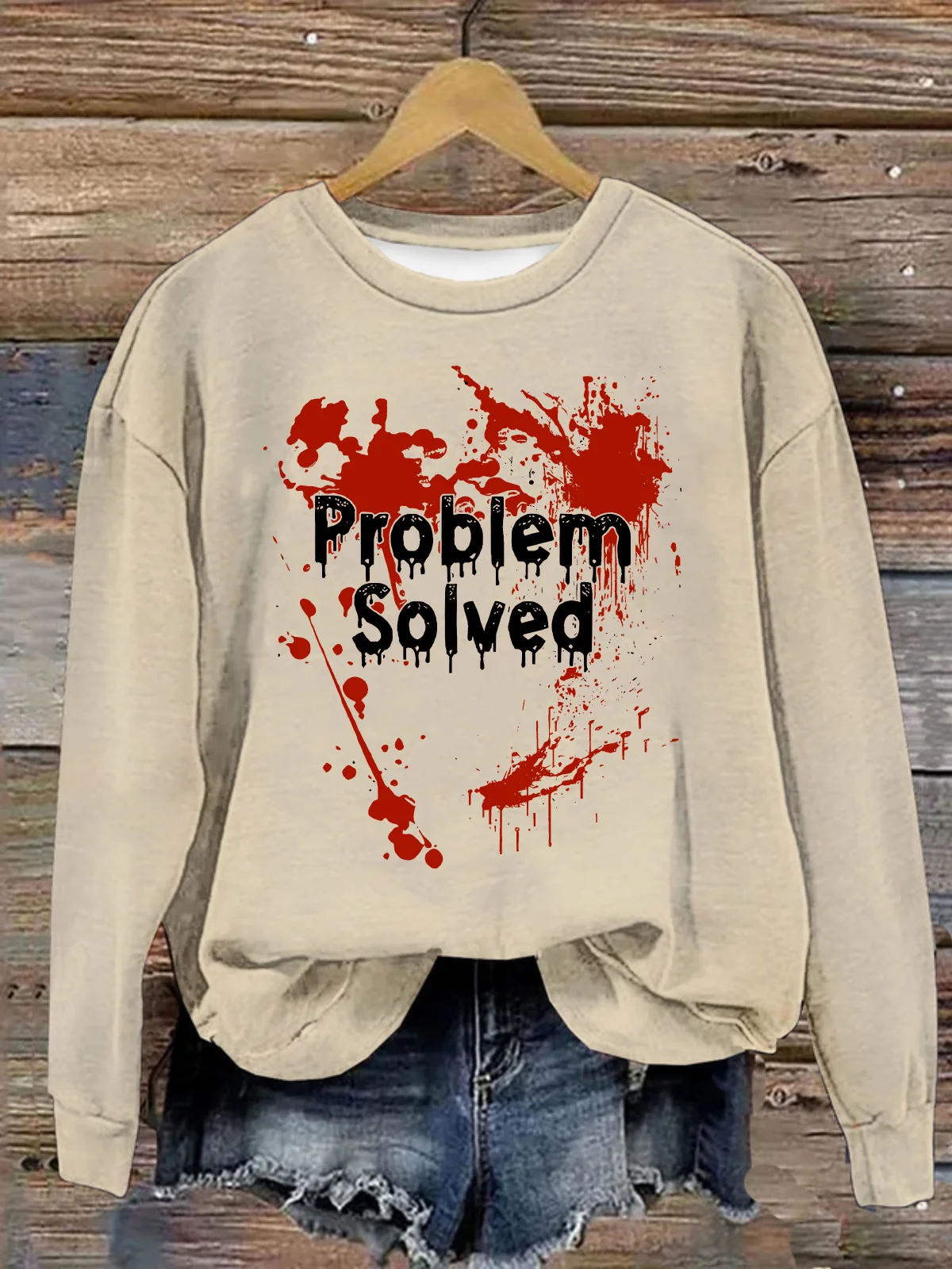 Problem Solved Bloody Halloween Cotton Crew Neck Casual Text Letters Sweatshirt