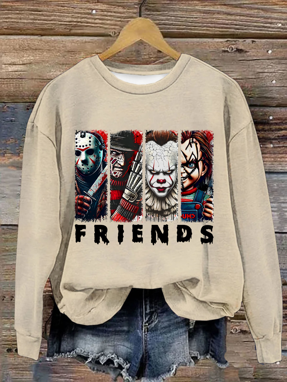 Friends Horror Characters Casual Loose Crew Neck Text Letters Sweatshirt