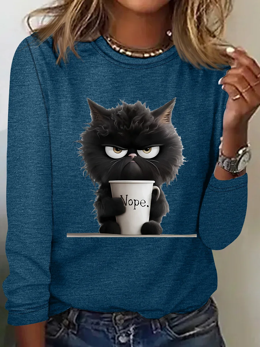 Funny Cat Nope Casual Long Sleeve Shirt