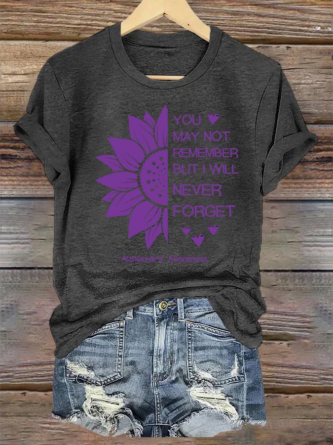 You may not remember but i will never forget Alzheimers Awareness Simple Crew Neck T-Shirt