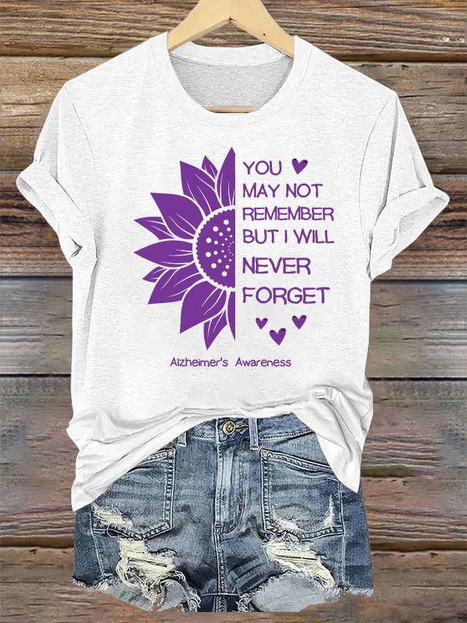 You may not remember but i will never forget Alzheimers Awareness Simple Crew Neck T-Shirt