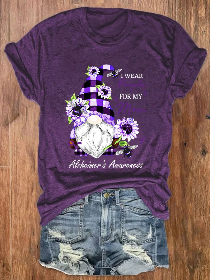 WEAR Purpley FOR MY FOR MY MOM Alzheimer's Awareness Casual Text Letters Crew Neck T-Shirt