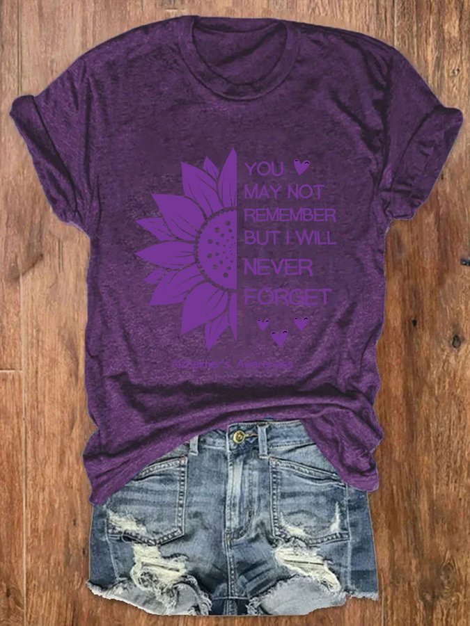 You may not remember but i will never forget Alzheimers Awareness Simple Crew Neck T-Shirt