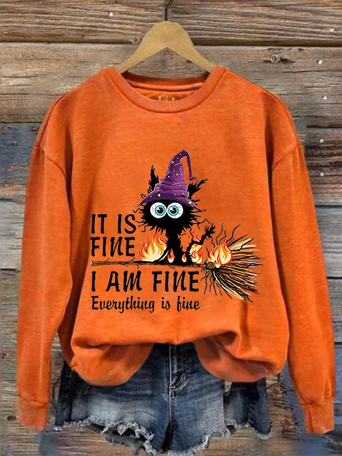 It's Fine I'm Fine Black Cat Print Crew Neck Sweatshirt