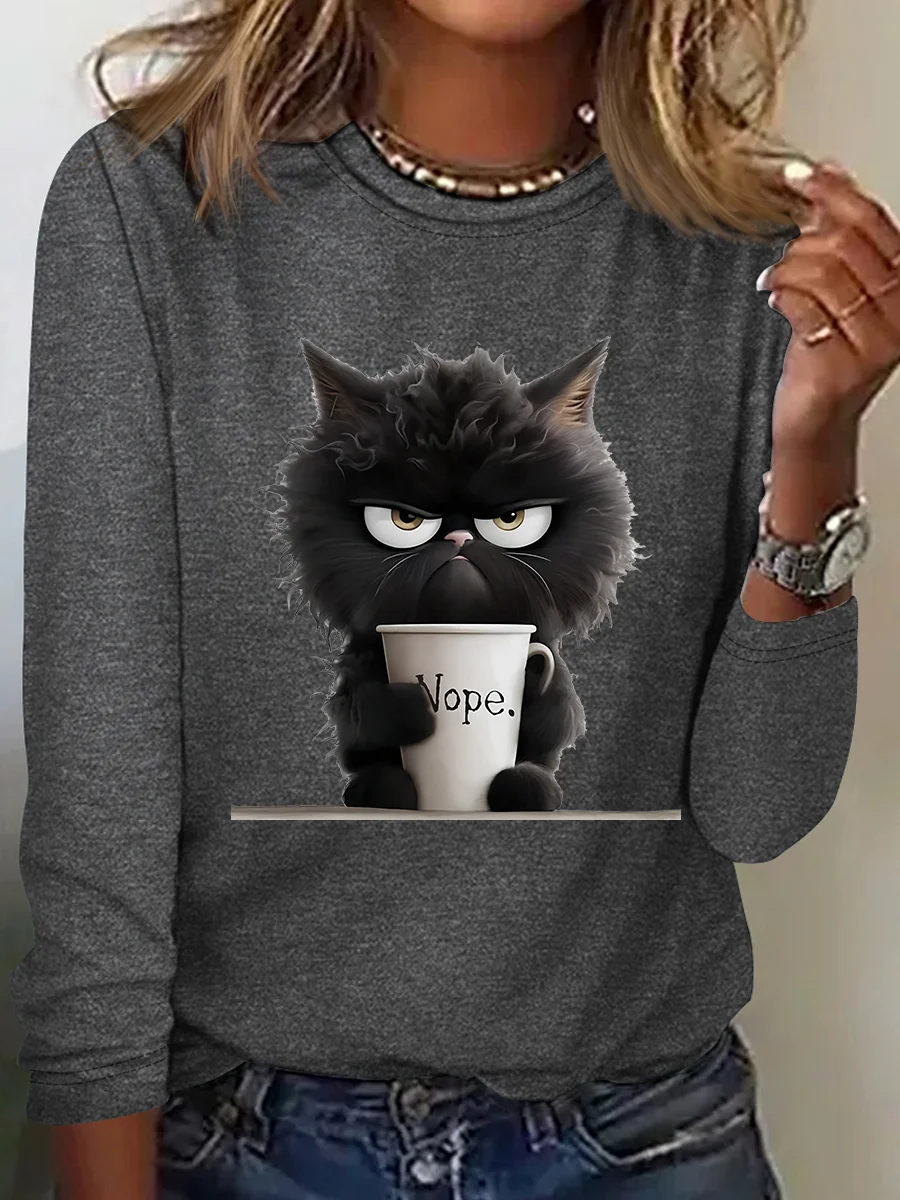 Funny Cat Nope Casual Long Sleeve Shirt