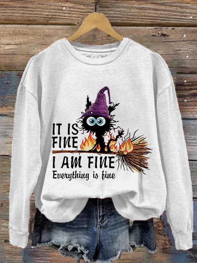 It's Fine I'm Fine Black Cat Print Crew Neck Sweatshirt